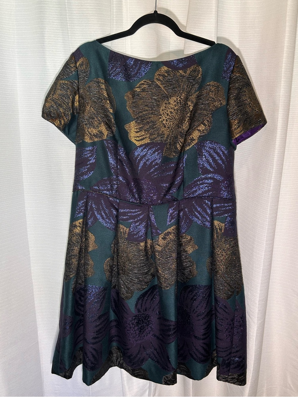 Peggy Jennings - Emerald Green, Gold, & Purple Metallic Floral Fit & Flare Dress